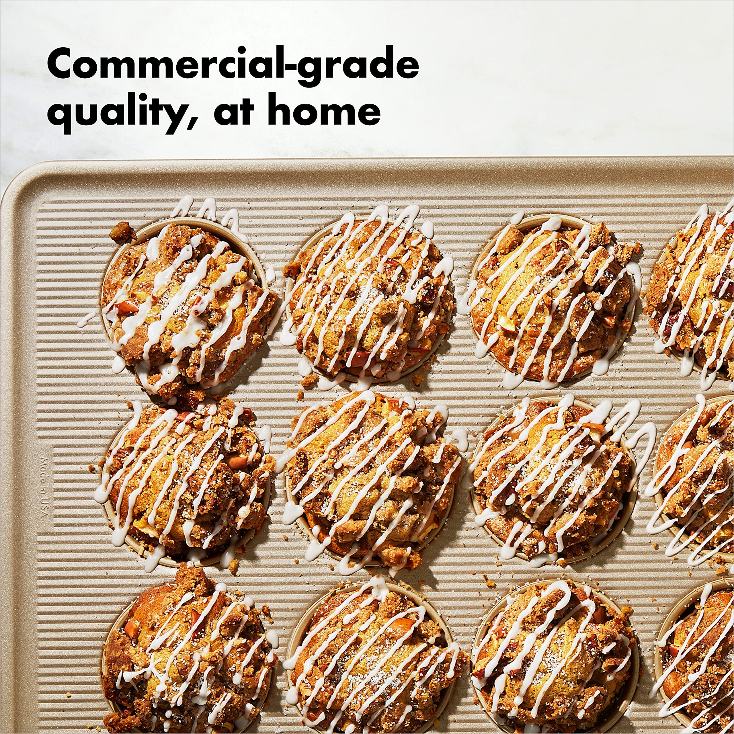 OXO Good Grips Non-Stick Pro muffin pan square-rolled edges for secure grip.
