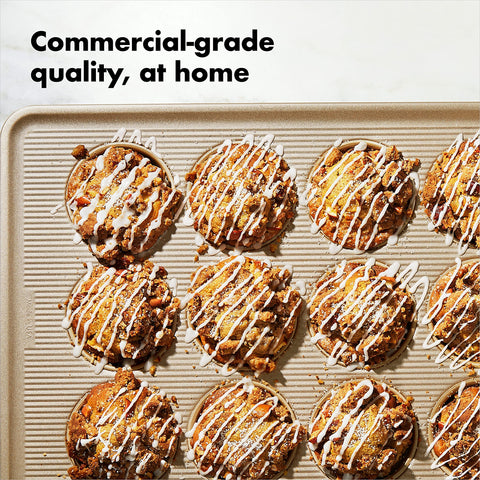 OXO Good Grips Non-Stick Pro muffin pan square-rolled edges for secure grip.