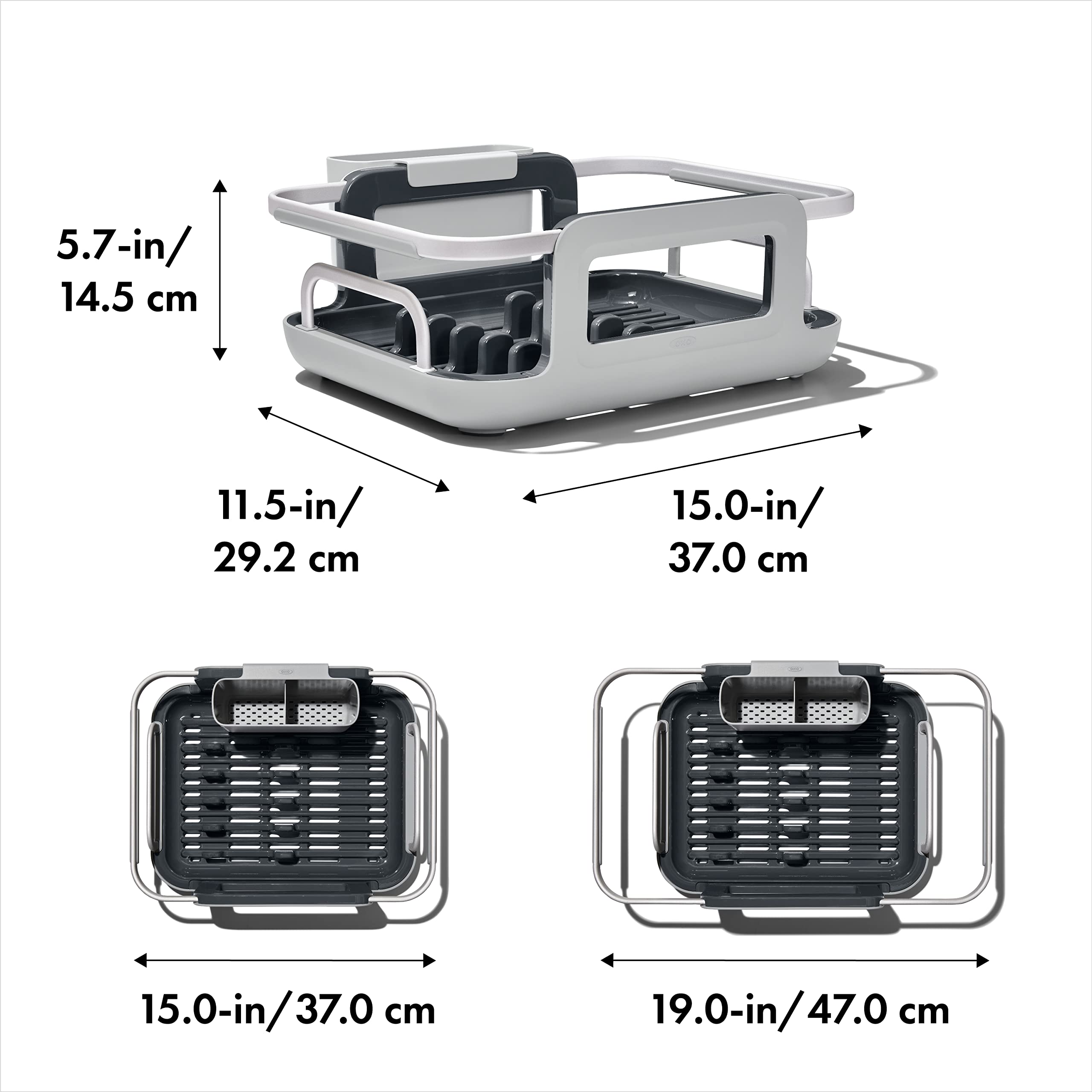 OXO Good Grips rack drains directly into the sink to save counter space.