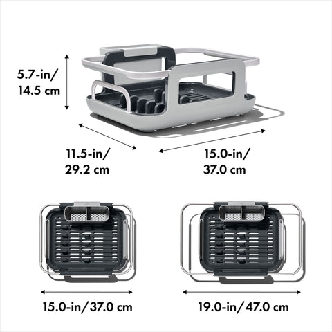 OXO Good Grips rack drains directly into the sink to save counter space.