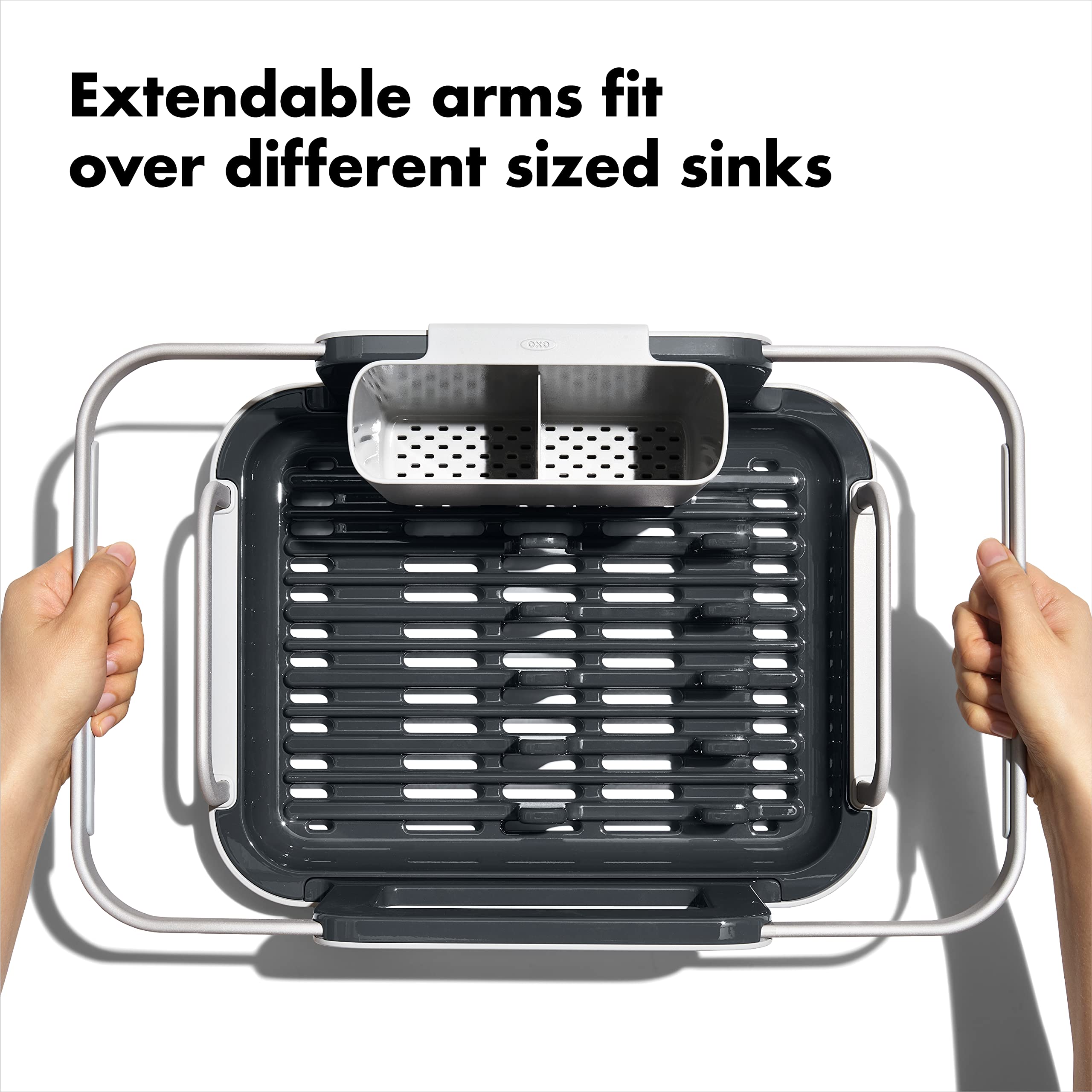 OXO Good Grips extendable arms fit different sink sizes and retract.