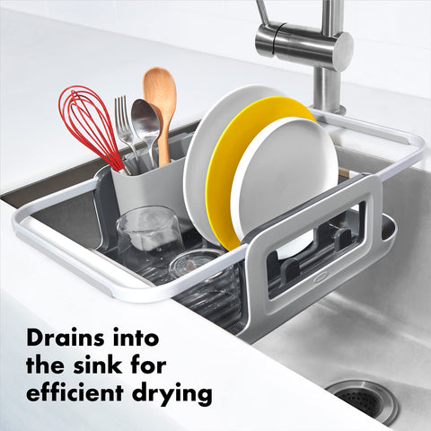 OXO Good Grips plate holders keep dishes upright for organized drying.