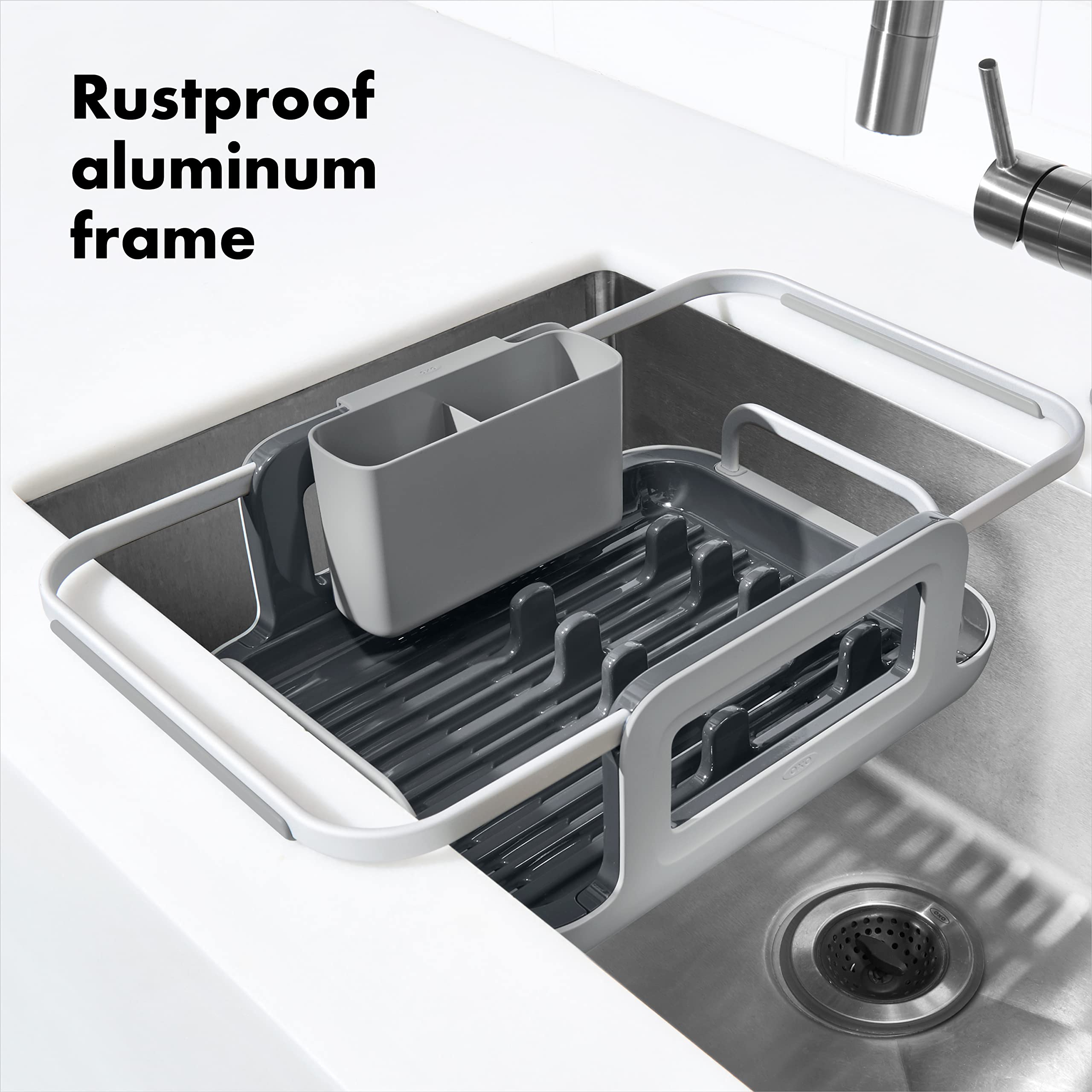 OXO Good Grips rustproof aluminum rack for durable kitchen drying.