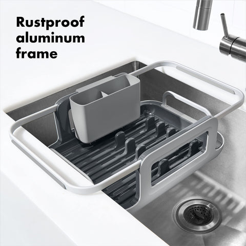 OXO Good Grips rustproof aluminum rack for durable kitchen drying.
