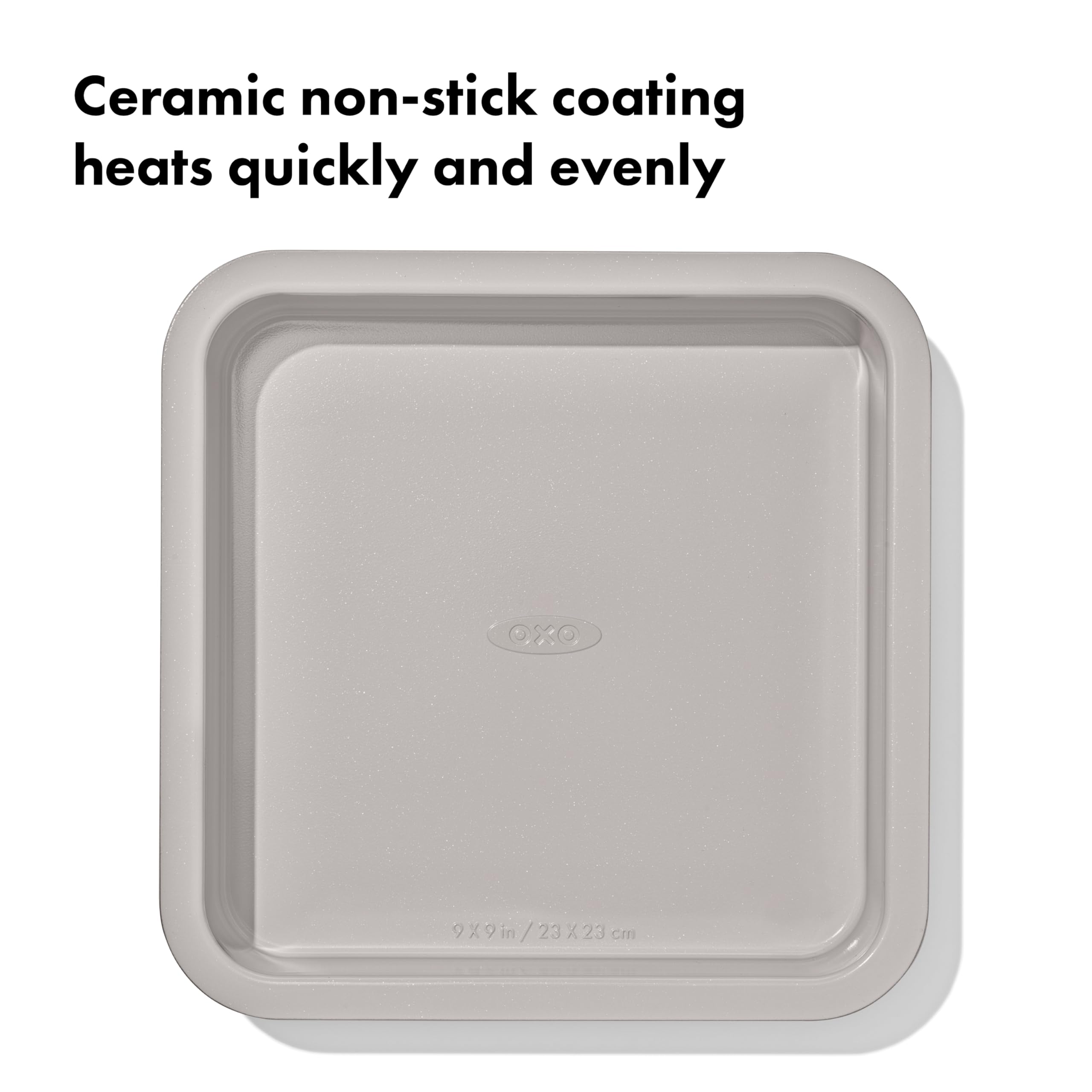 OXO Good Grips bakeware top surface shows dimension markings for quick recipe matching.