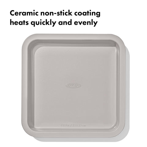 OXO Good Grips bakeware top surface shows dimension markings for quick recipe matching.