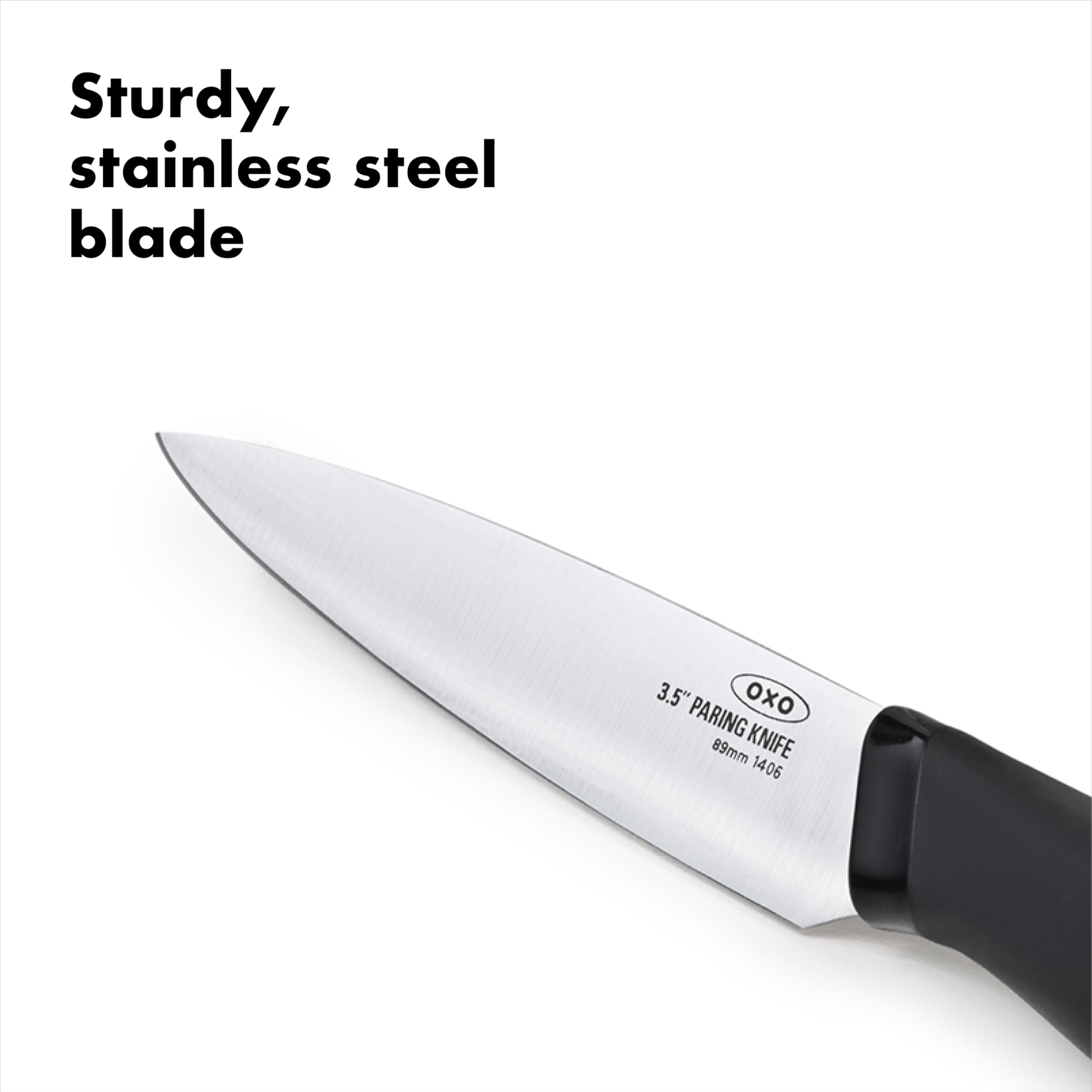 OXO Good Grips paring knife in wet use showing slip-proof control.