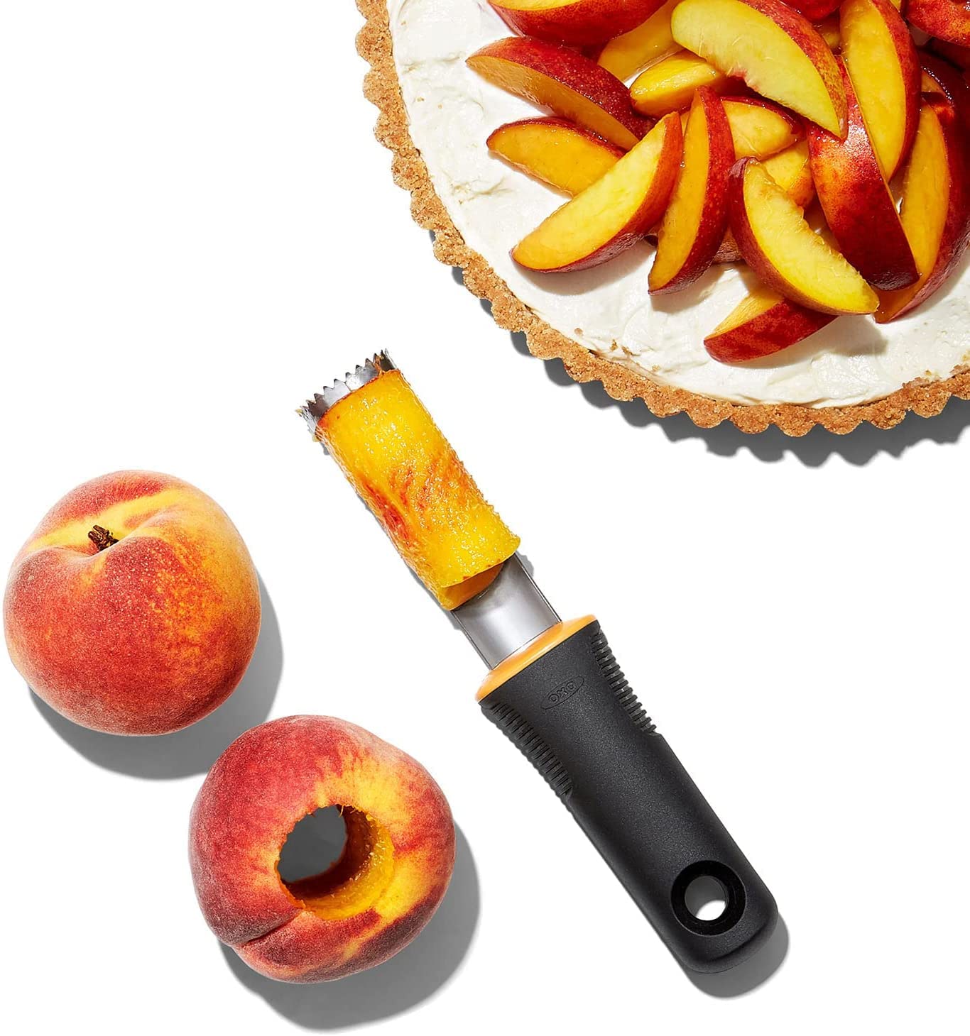 Fruit remains intact after using OXO Peach Pitter for easy slicing