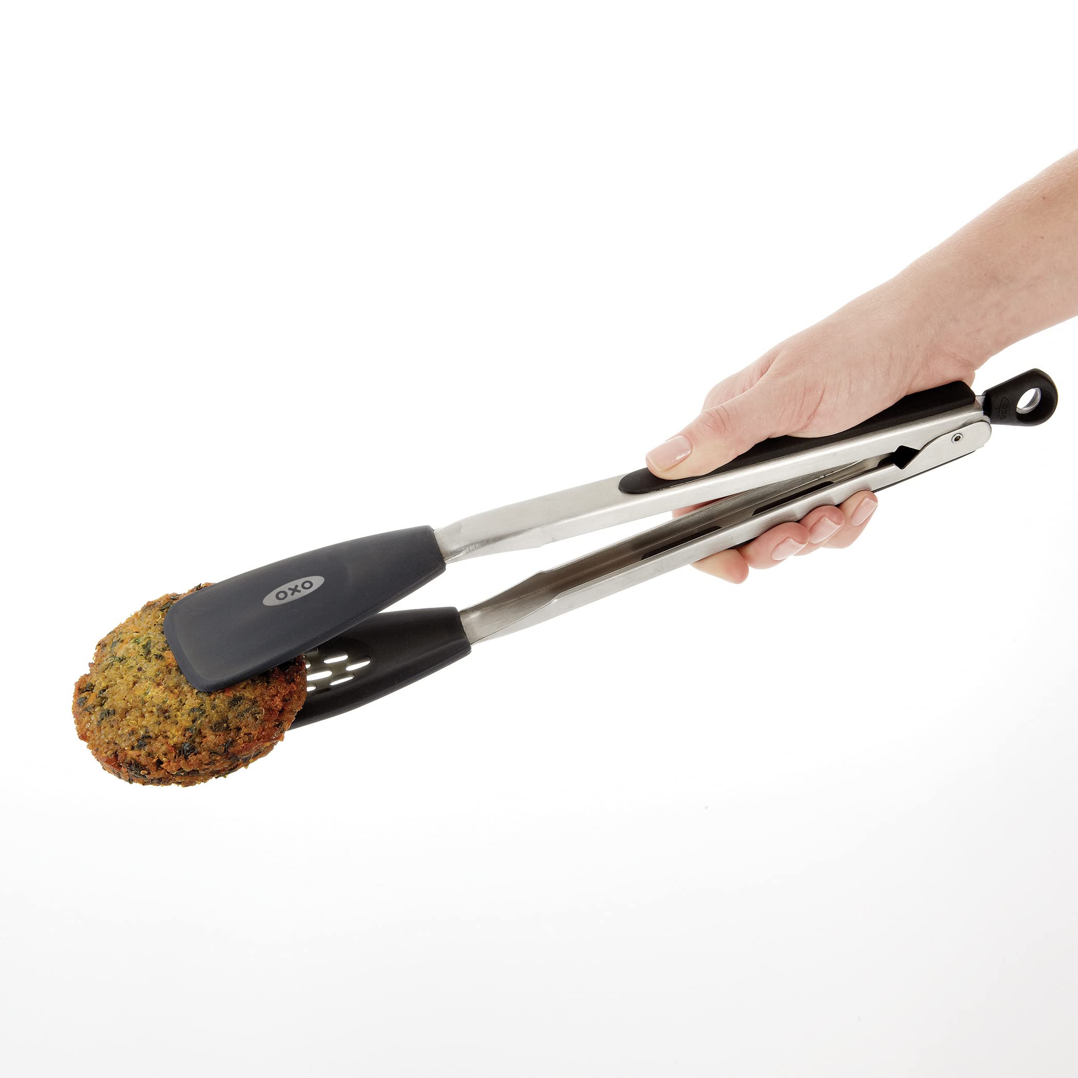 OXO Good Grips perforated-head silicone tongs drain grease efficiently.