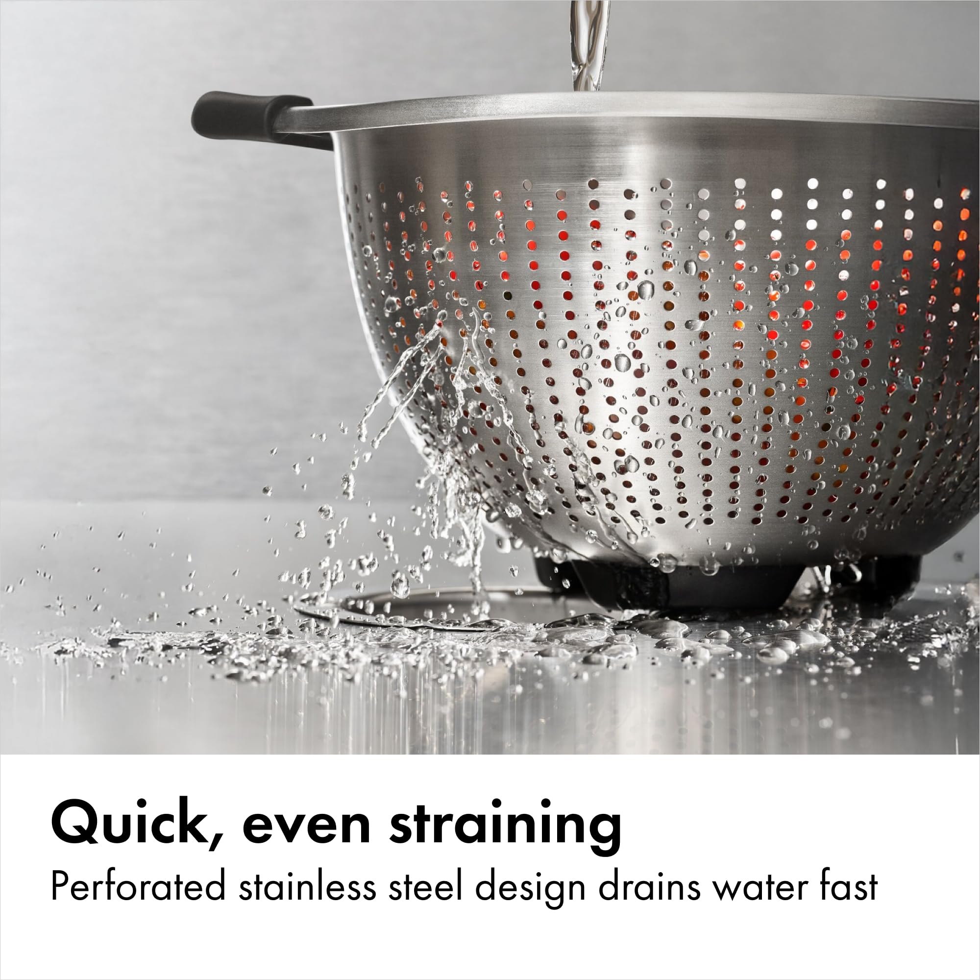OXO Good Grips perforated surface enables fast water flow for pasta