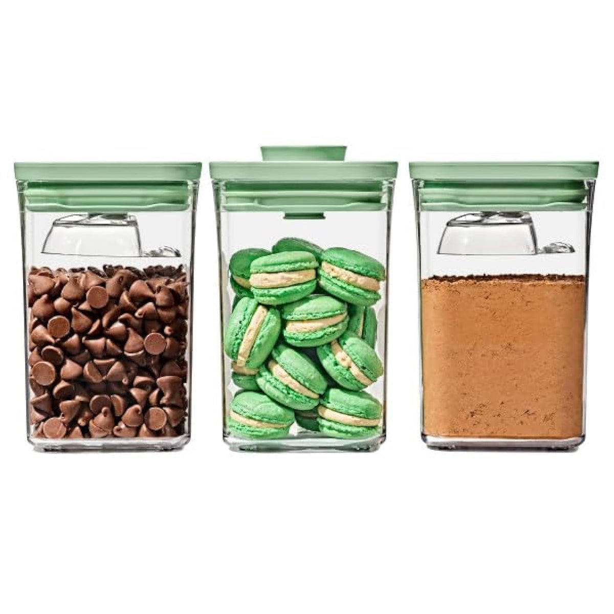 OXO Good Grips Pistachio POP set lids shown on colorful storage containers.
