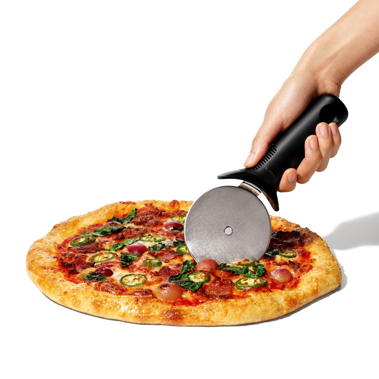 OXO Good Grips Pizza Wheel thumb guard protects fingers during cuts
