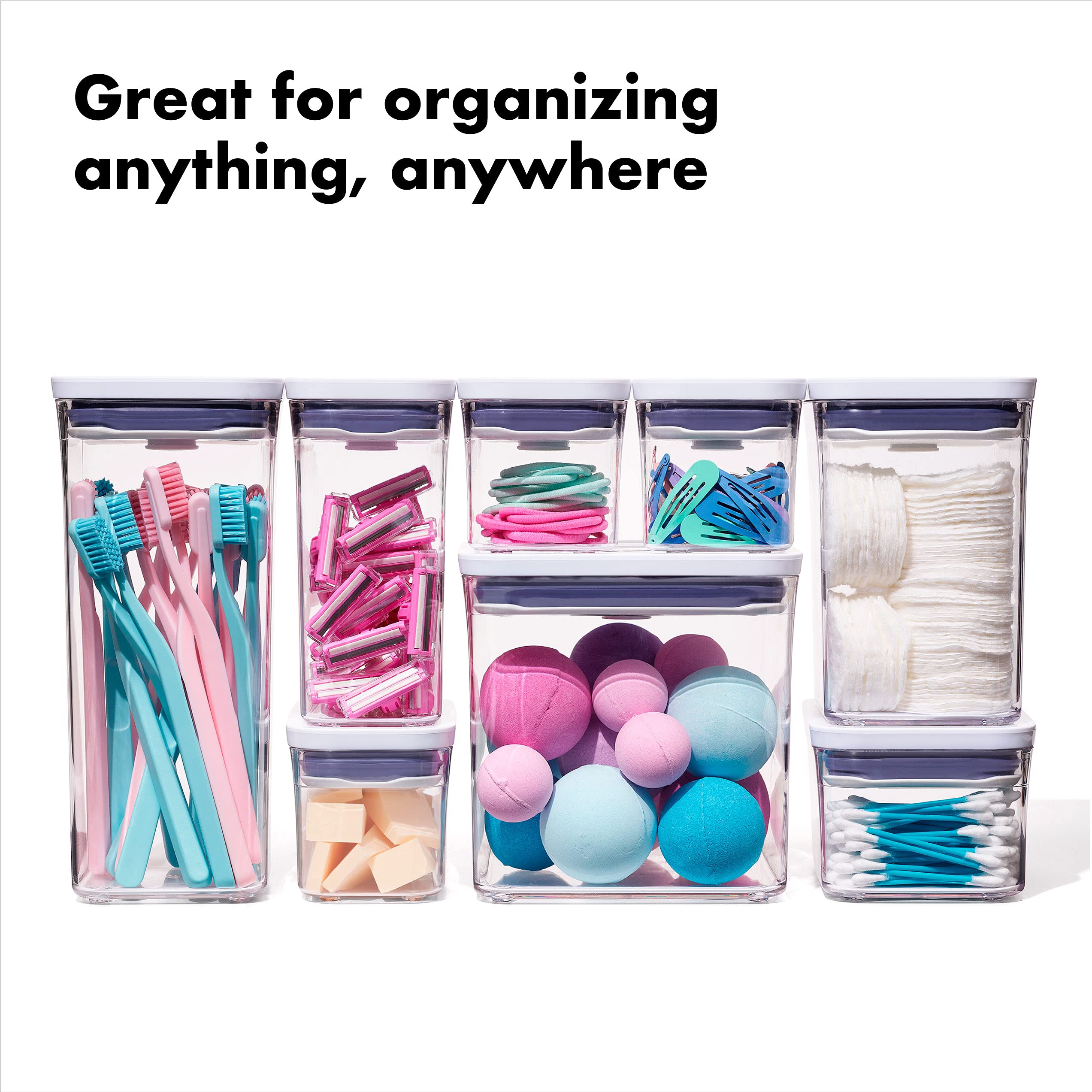 Stackable design saves cabinet space and keeps shelves tidy.