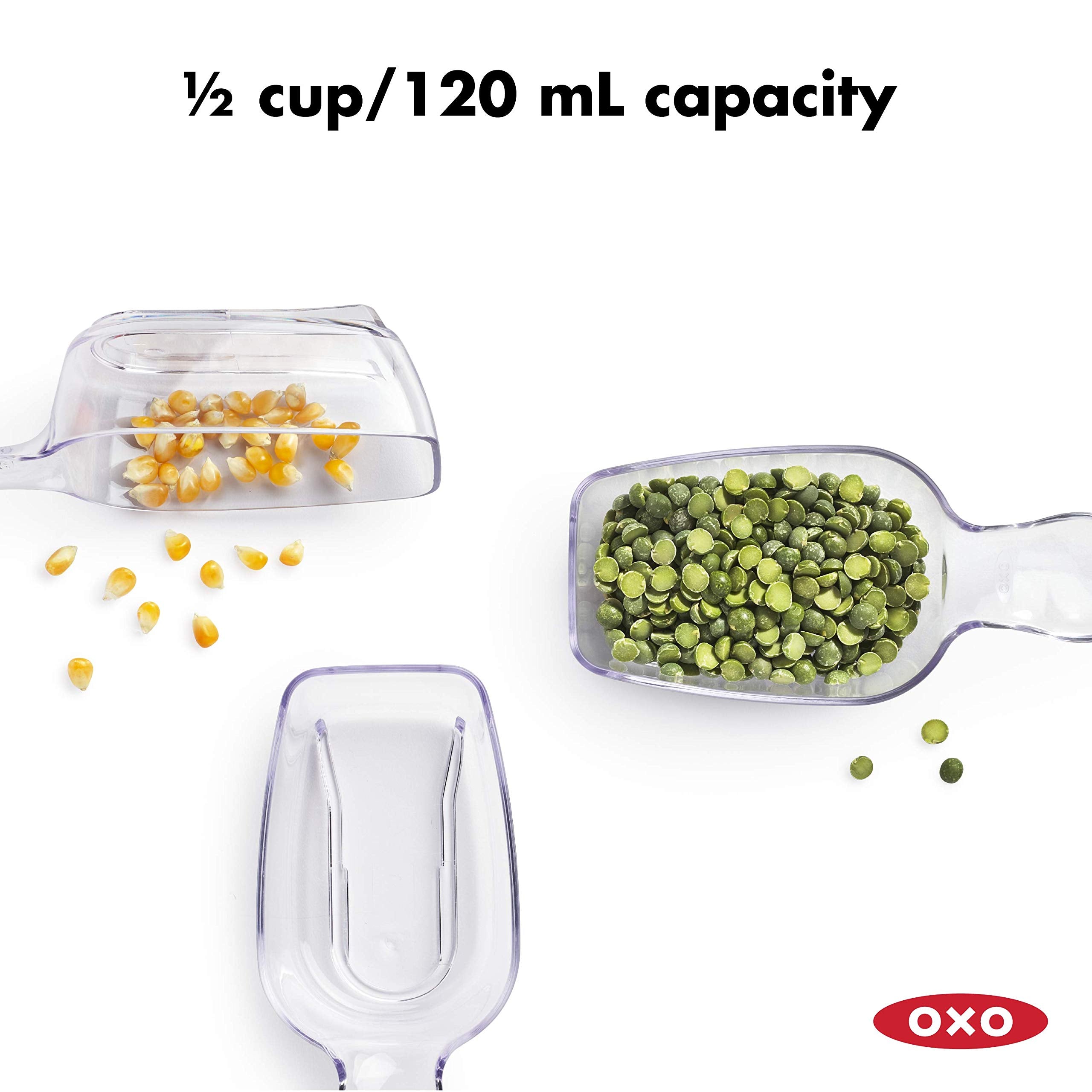 OXO Good Grips POP half-cup scoop measures flour, sugar, and grains.