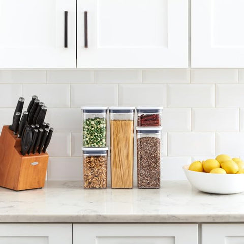 OXO Good Grips POP kitchen setup showing organized shelves.