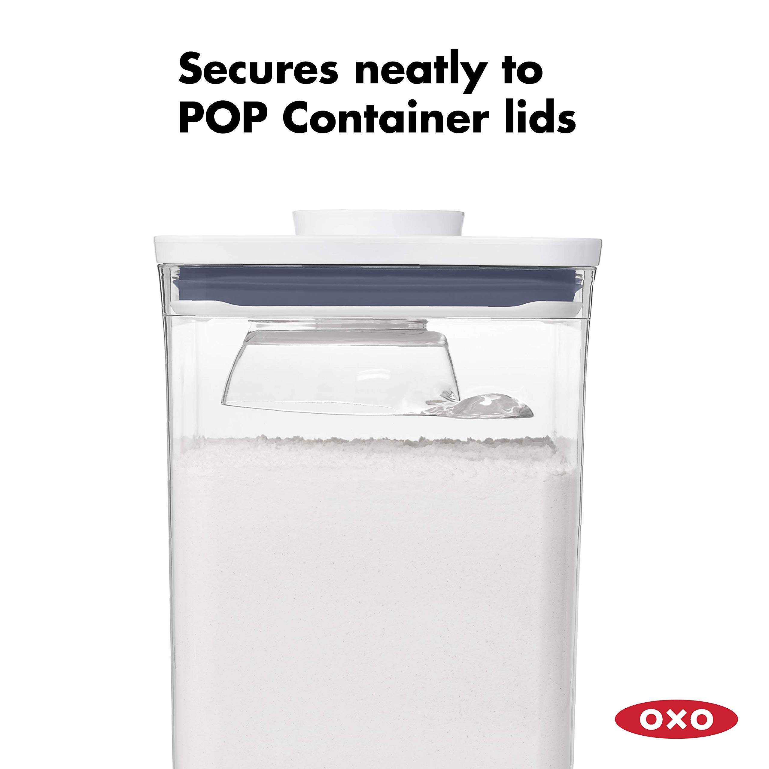 Durable, BPA-free scoop clips securely to a POP container lid.