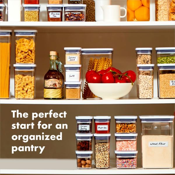 OXO Good Grips POP containers stacked for space-saving pantry organization.