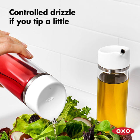 OXO Good Grips glass body and stainless steel accents elevate kitchen-to-table appeal.