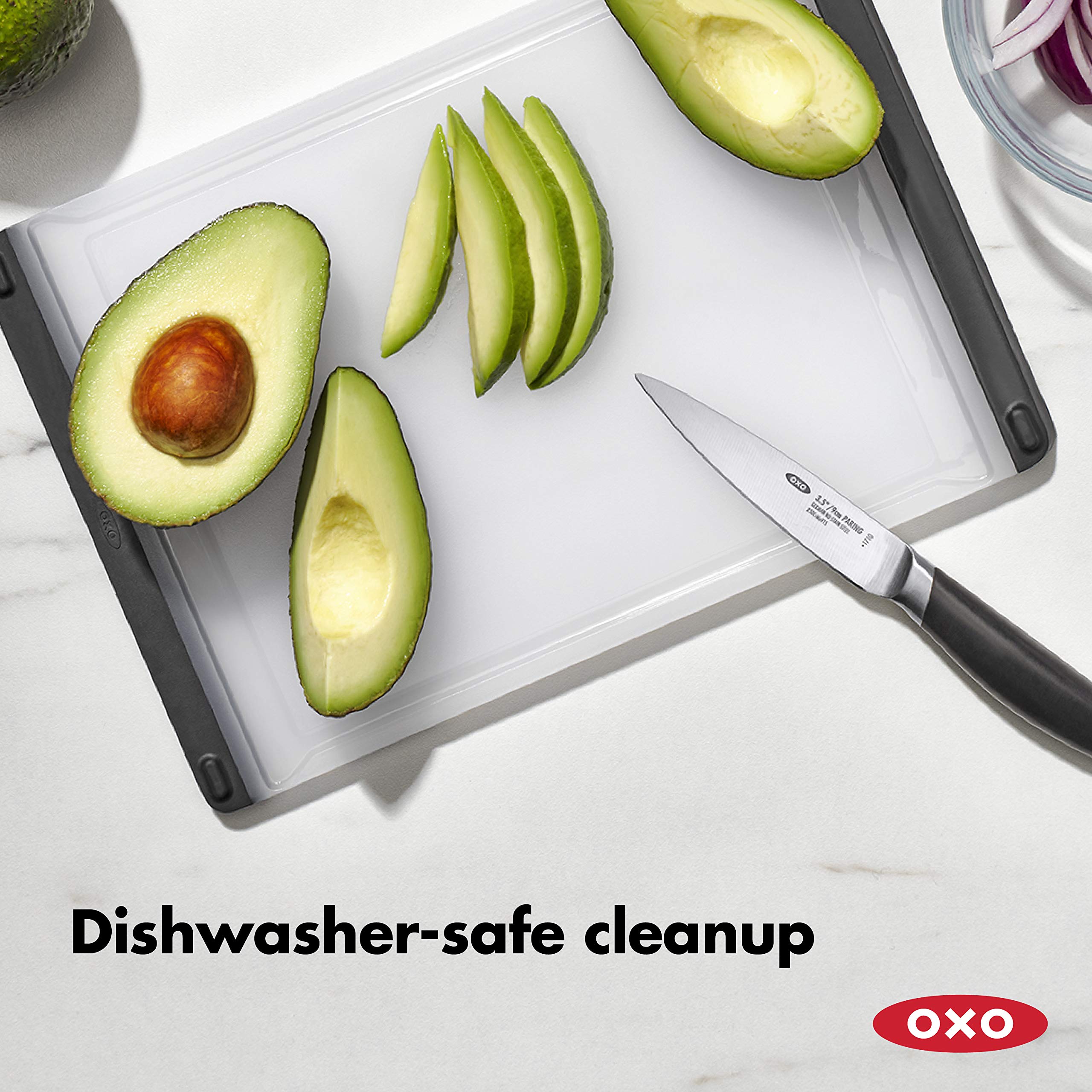 OXO Good Grips Prep Board easy pour corners help drain liquids.