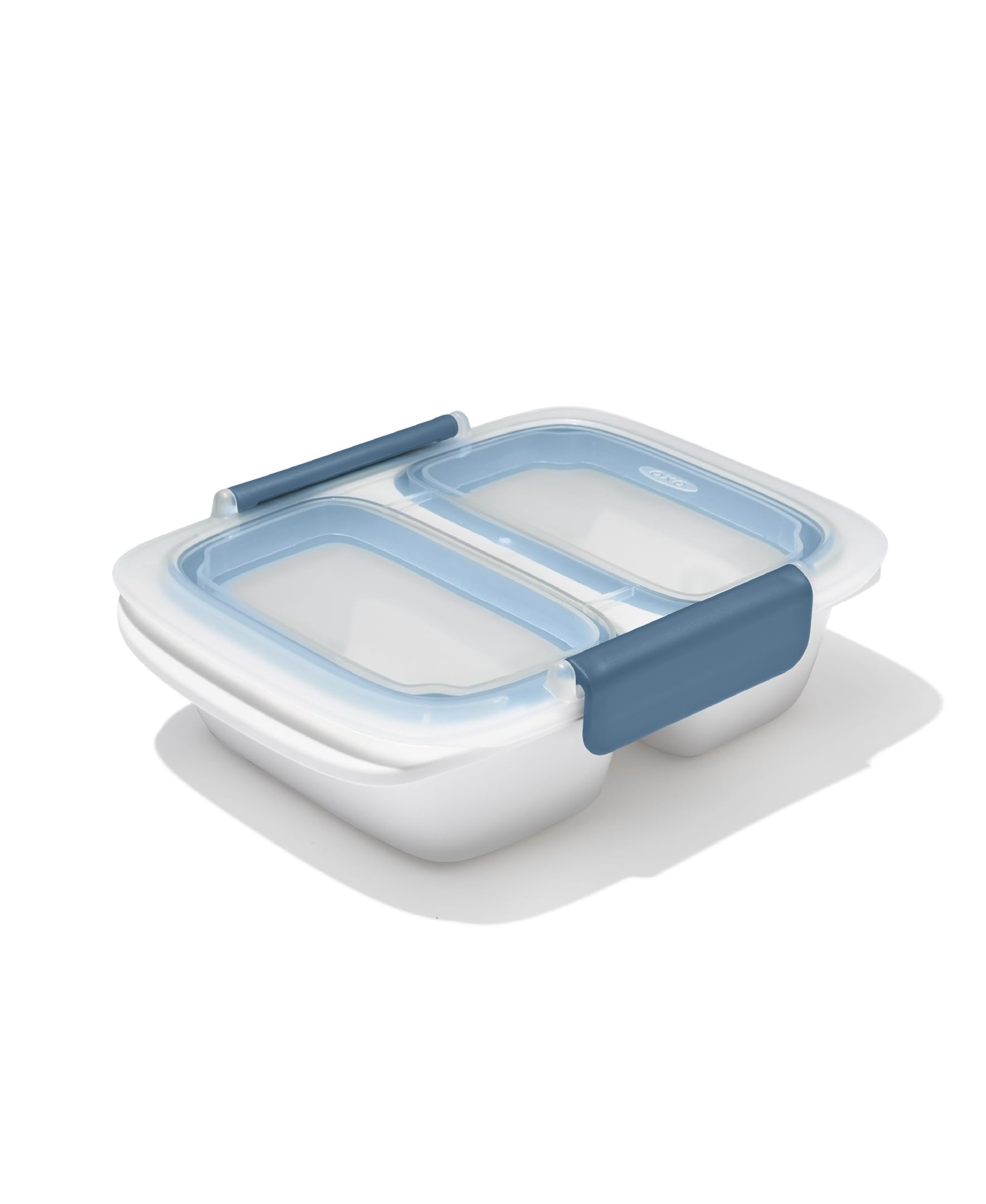 OXO Good Grips Prep & Go 2-Cup Divided Container Ocean Blue, front view for on-the-go meals.
