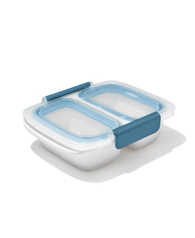 OXO Good Grips Prep & Go 2-Cup Divided Container Ocean Blue, front view for on-the-go meals.