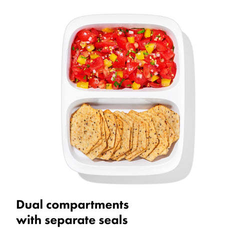 OXO leakproof lid with silicone gasket and dual locking clips prevents spills.
