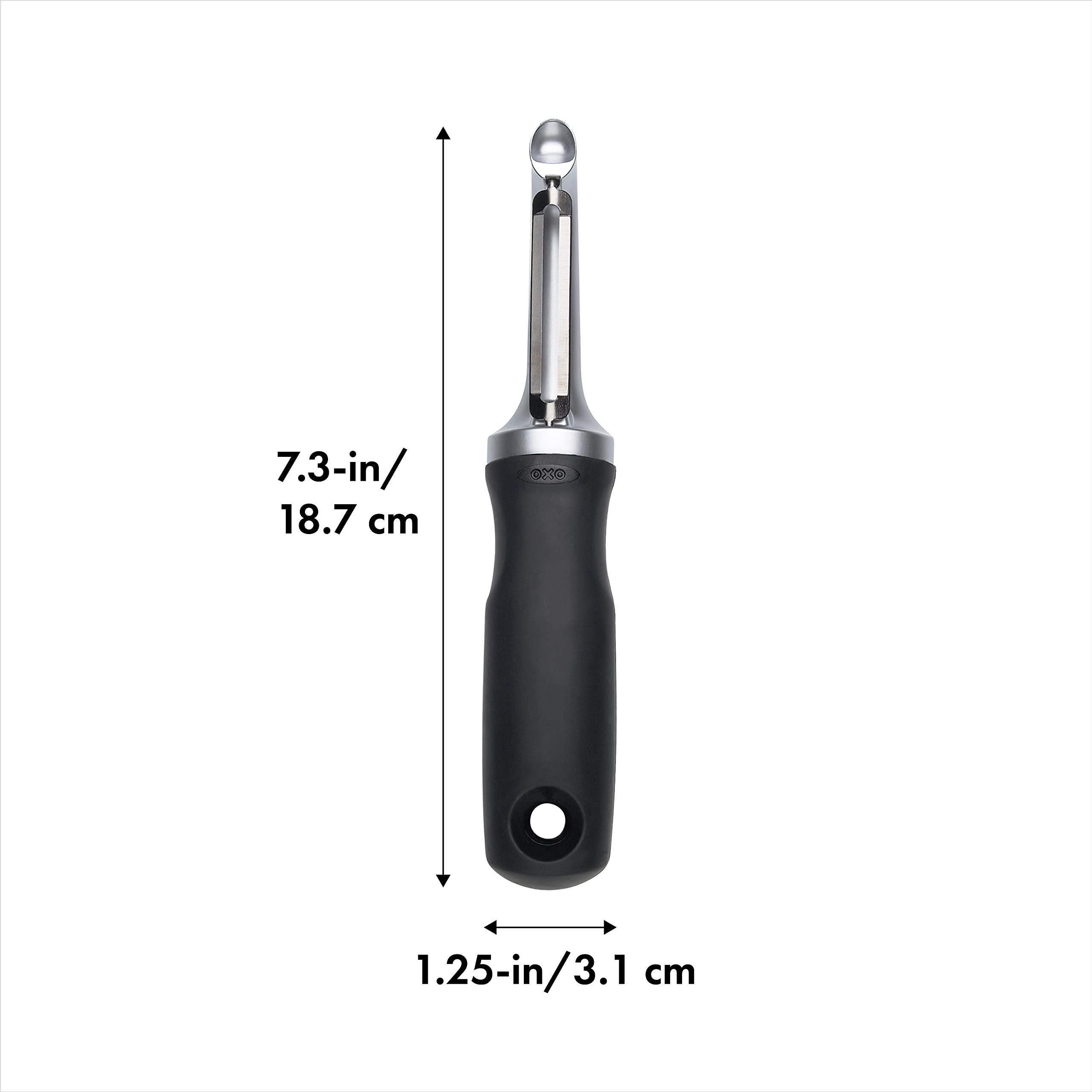 OXO Good Grips Pro Swivel Peeler shows ergonomic handle for comfortable, controlled peeling.