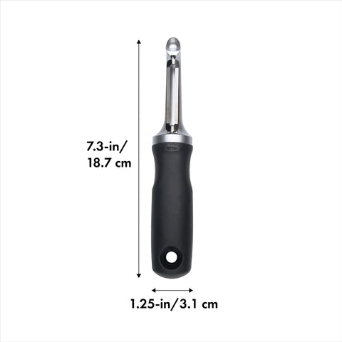 OXO Good Grips Pro Swivel Peeler shows ergonomic handle for comfortable, controlled peeling.