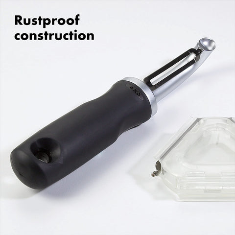 OXO Good Grips Pro Swivel Peeler features a sharp stainless-steel blade for precise slicing.
