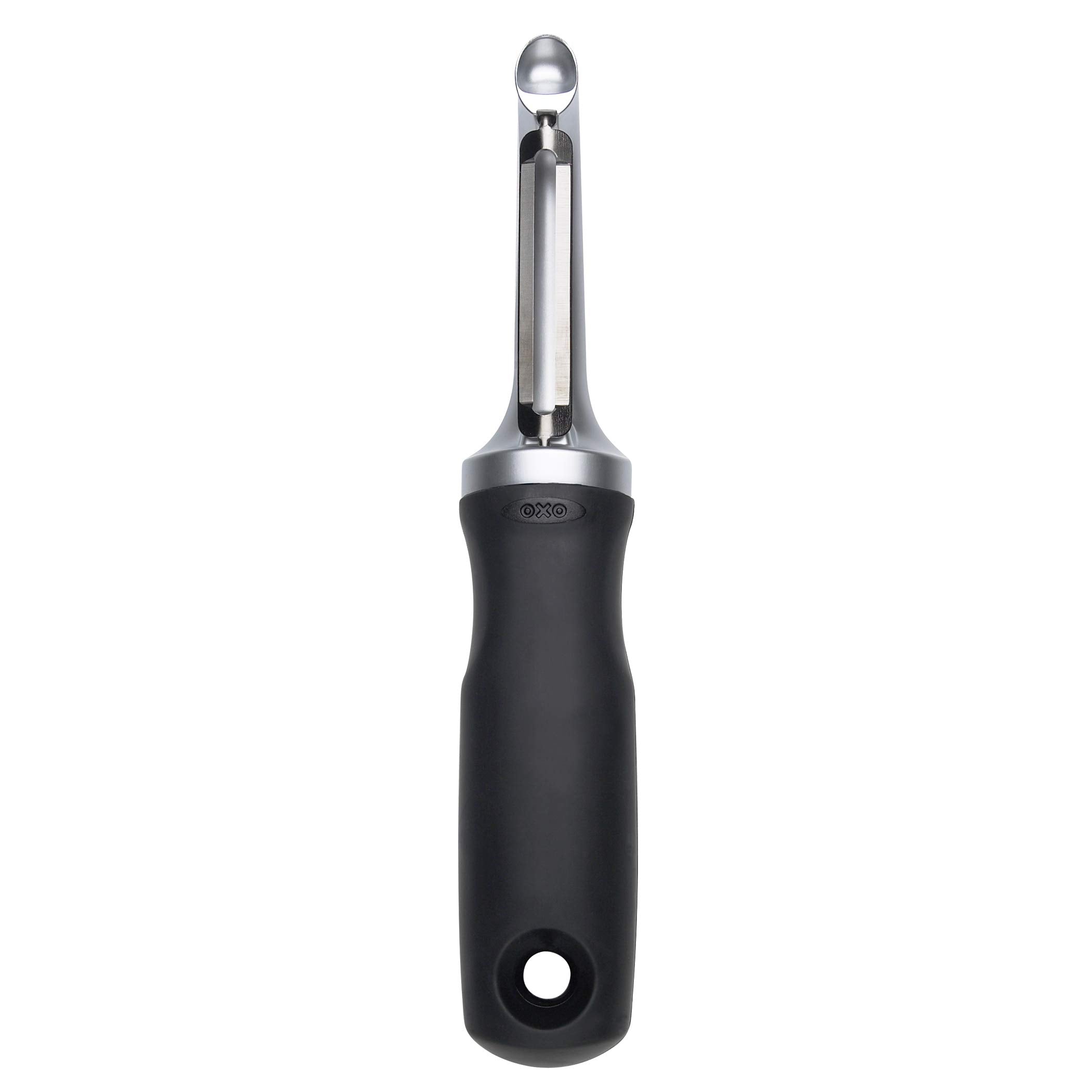 OXO Good Grips Pro Swivel Peeler top view highlights ergonomic grip for precise peeling.