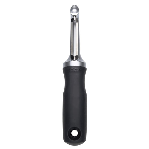 OXO Good Grips Pro Swivel Peeler top view highlights ergonomic grip for precise peeling.