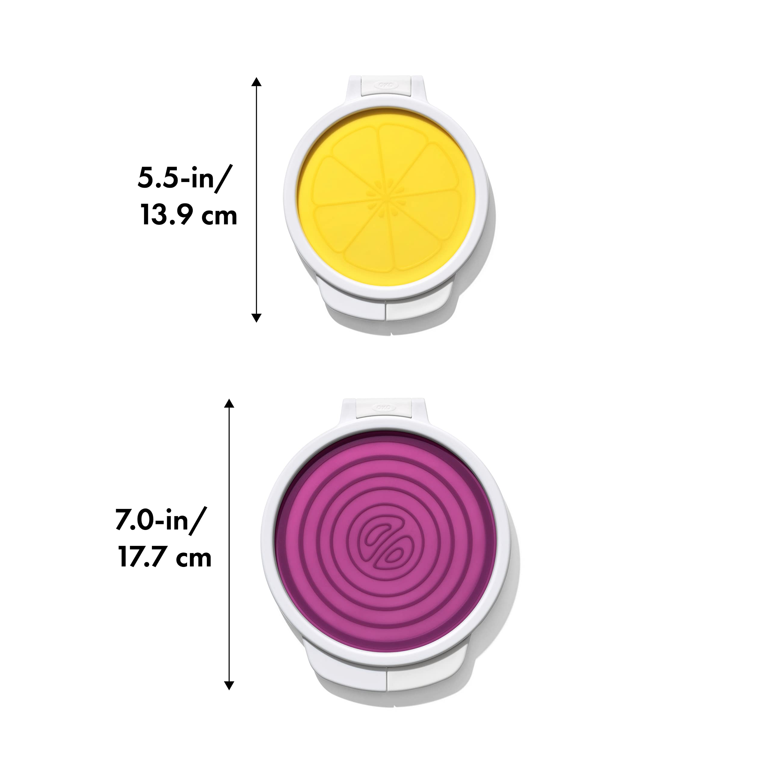 OXO Good Grips produce saver with flat base keeps lemon and onion cut sides fresh.