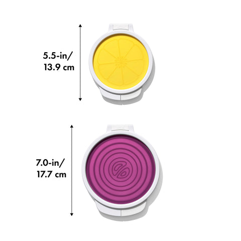 OXO Good Grips produce saver with flat base keeps lemon and onion cut sides fresh.