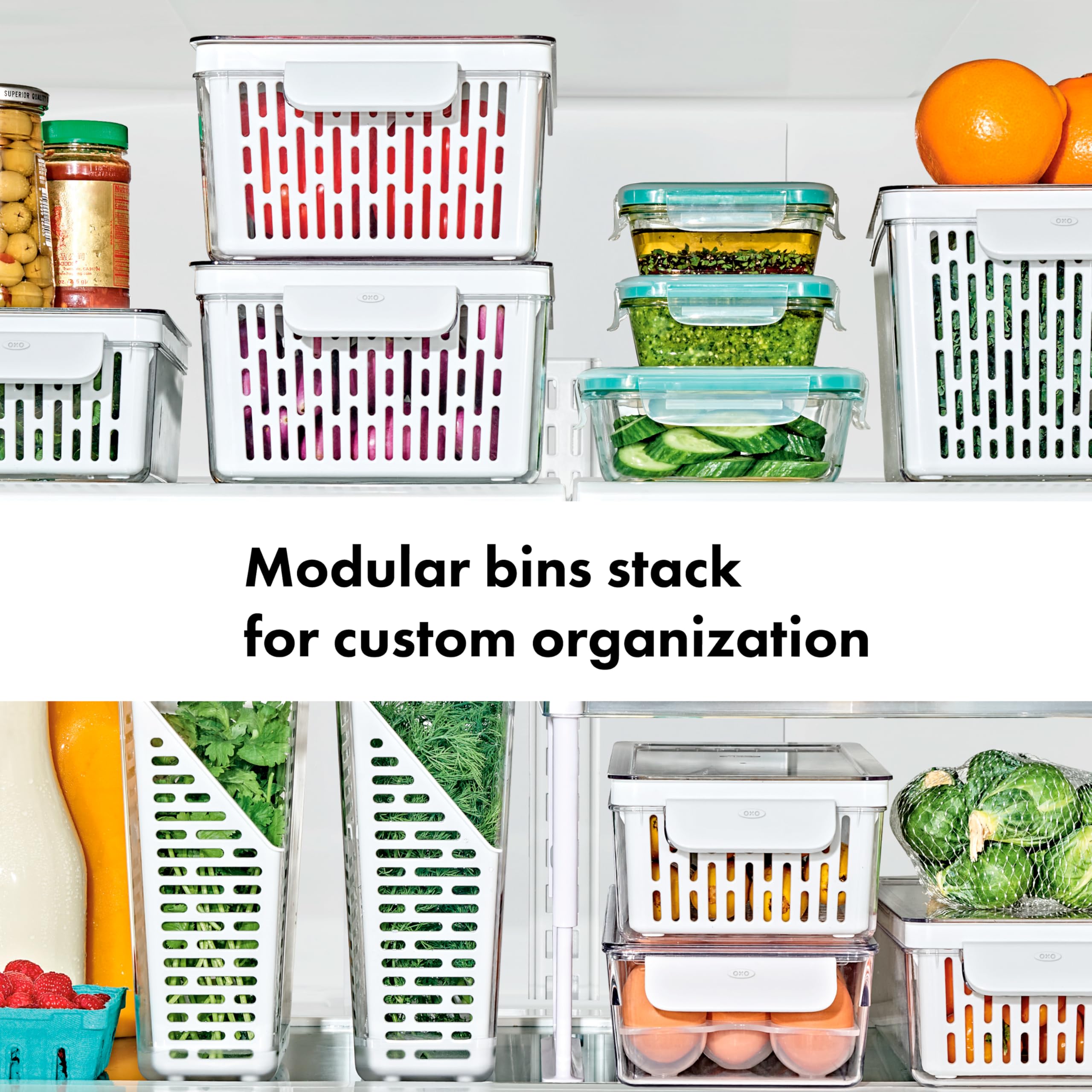 OXO Good Grips Produce Saver Long Bin with adjustable divider keeps produce organized.