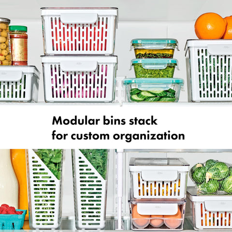 OXO Good Grips Produce Saver Long Bin with adjustable divider keeps produce organized.