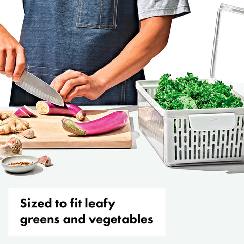 OXO Good Grips Produce Saver Long Bin pivoting lid provides easy access to produce.