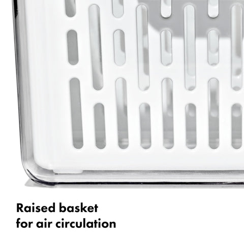 OXO Good Grips Produce Saver Long Bin fits long vegetables like carrots and cucumbers.