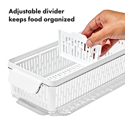 OXO Good Grips Produce Saver Long Bin BPA-free design is dishwasher safe.