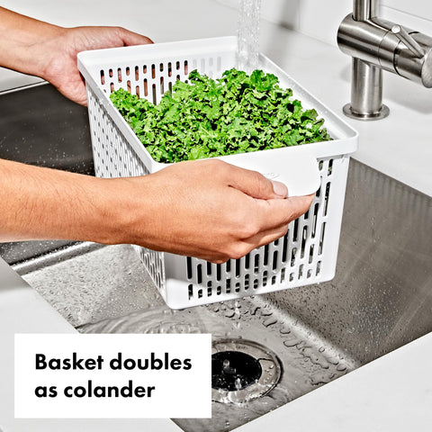 OXO Good Grips Produce Saver Long Bin stacks with other bins for modular organization.