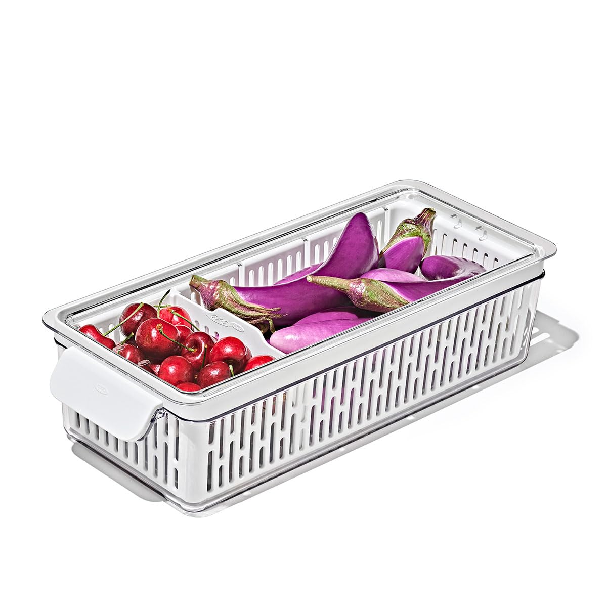 OXO Good Grips Produce Saver Long Bin in fridge storage helps keep produce fresh.