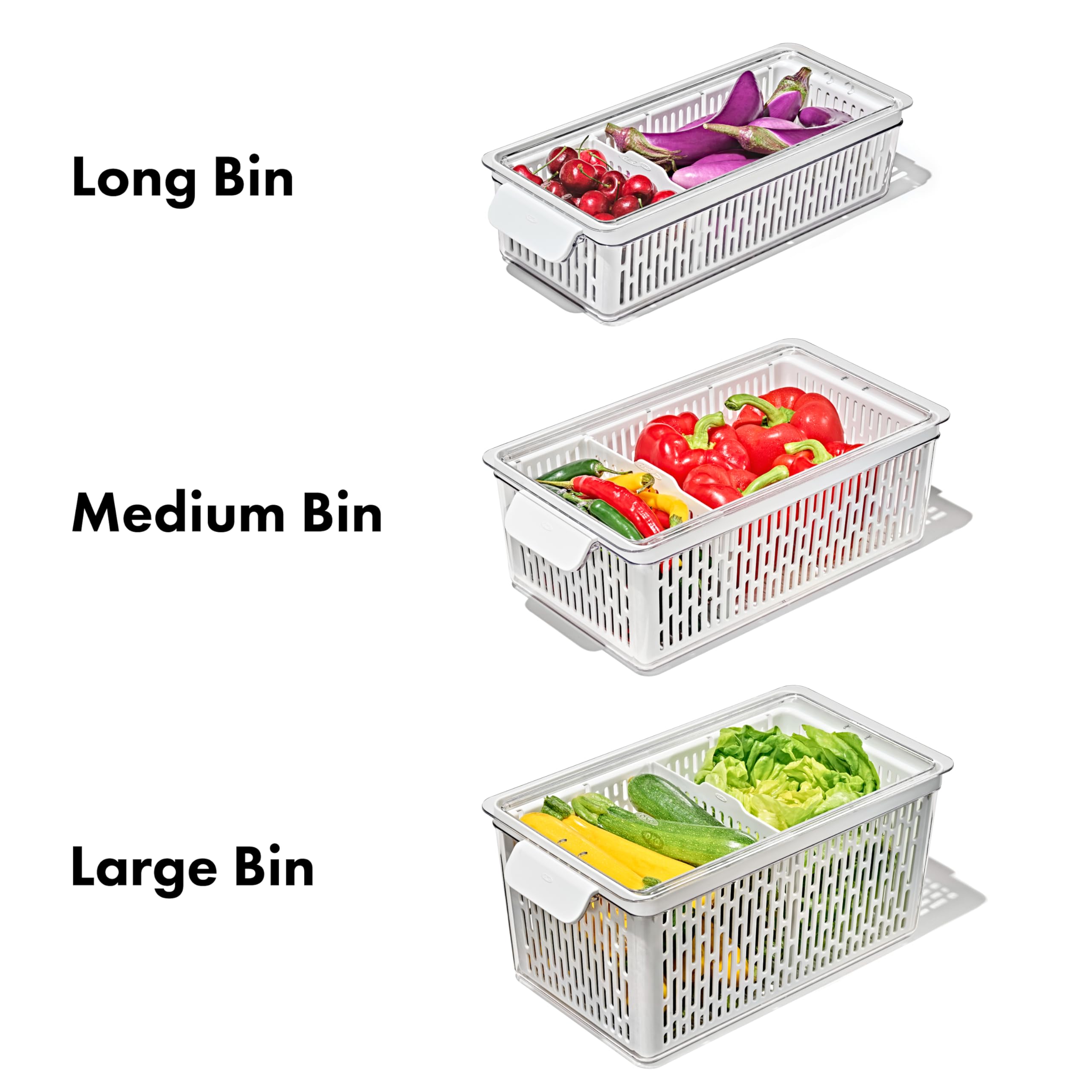 OXO Good Grips Produce Saver Long Bin removable inner basket promotes air circulation.