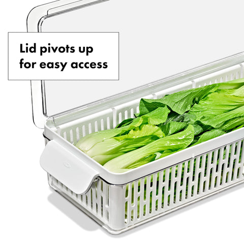 OXO Good Grips Produce Saver Long Bin is dishwasher safe for quick cleanup.