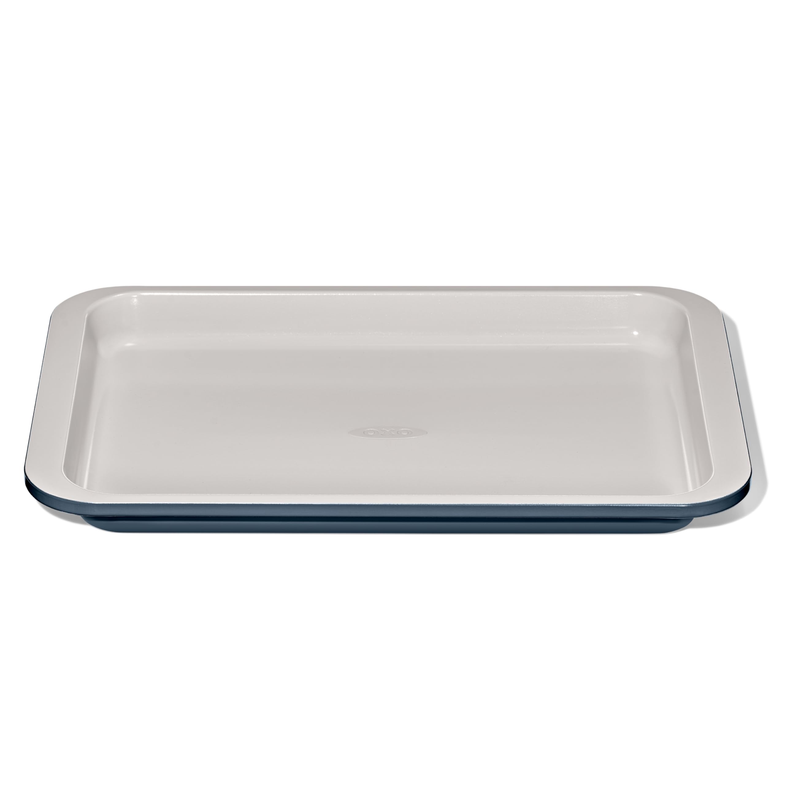 OXO Good Grips quarter sheet pan top view in storm blue for even heating and easy handling.