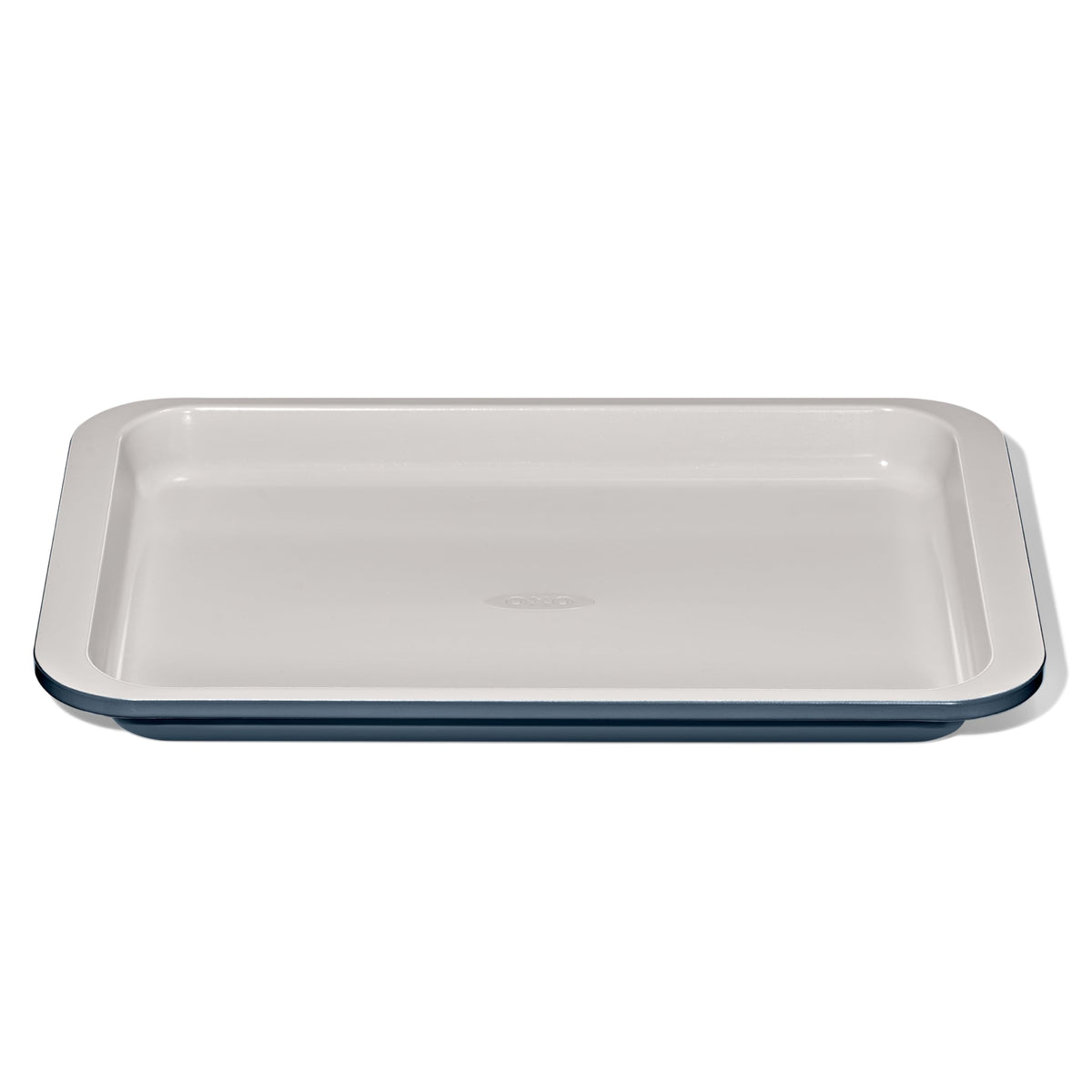 OXO Good Grips quarter sheet pan top view in storm blue for even heating and easy handling.
