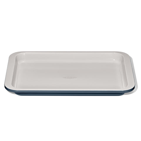 OXO Good Grips quarter sheet pan top view in storm blue for even heating and easy handling.