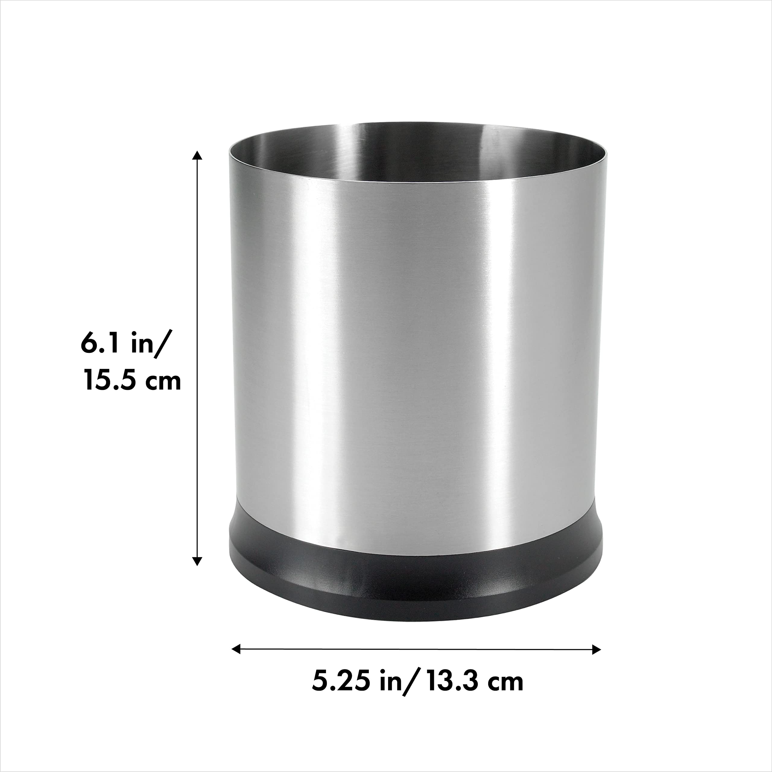 OXO Good Grips rotating utensil holder shows stainless steel body for durable counter storage.