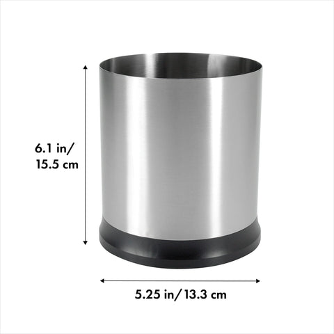 OXO Good Grips rotating utensil holder shows stainless steel body for durable counter storage.