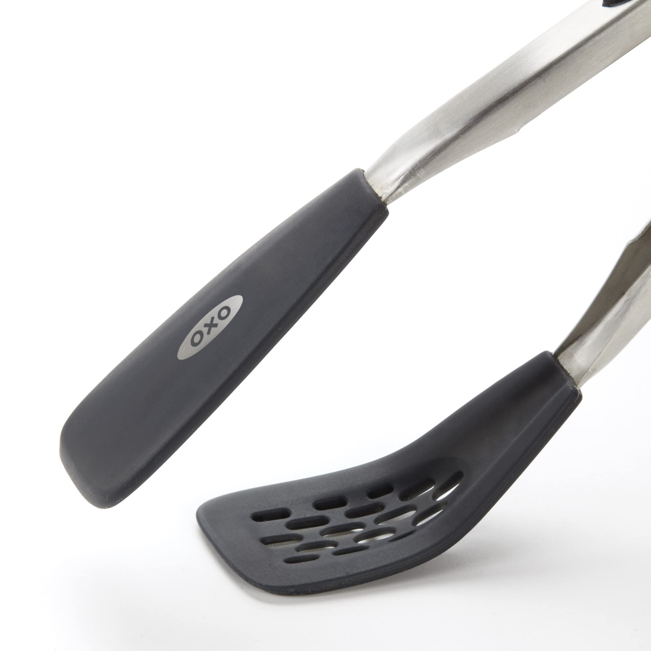 OXO Good Grips rounded-head silicone tongs scoop and turn with ease.