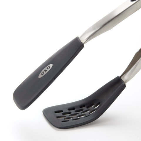 OXO Good Grips rounded-head silicone tongs scoop and turn with ease.