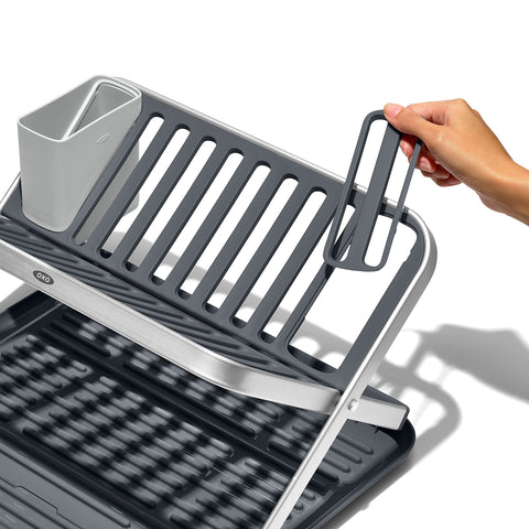 Rustproof aluminum frame of OXO Good Grips dish rack highlights durability